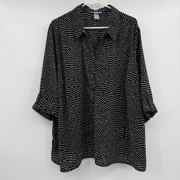 Catherines Top Women 3X Petite Black White Roll Tab Sleeves Button Up Office - Picture 1 of 11